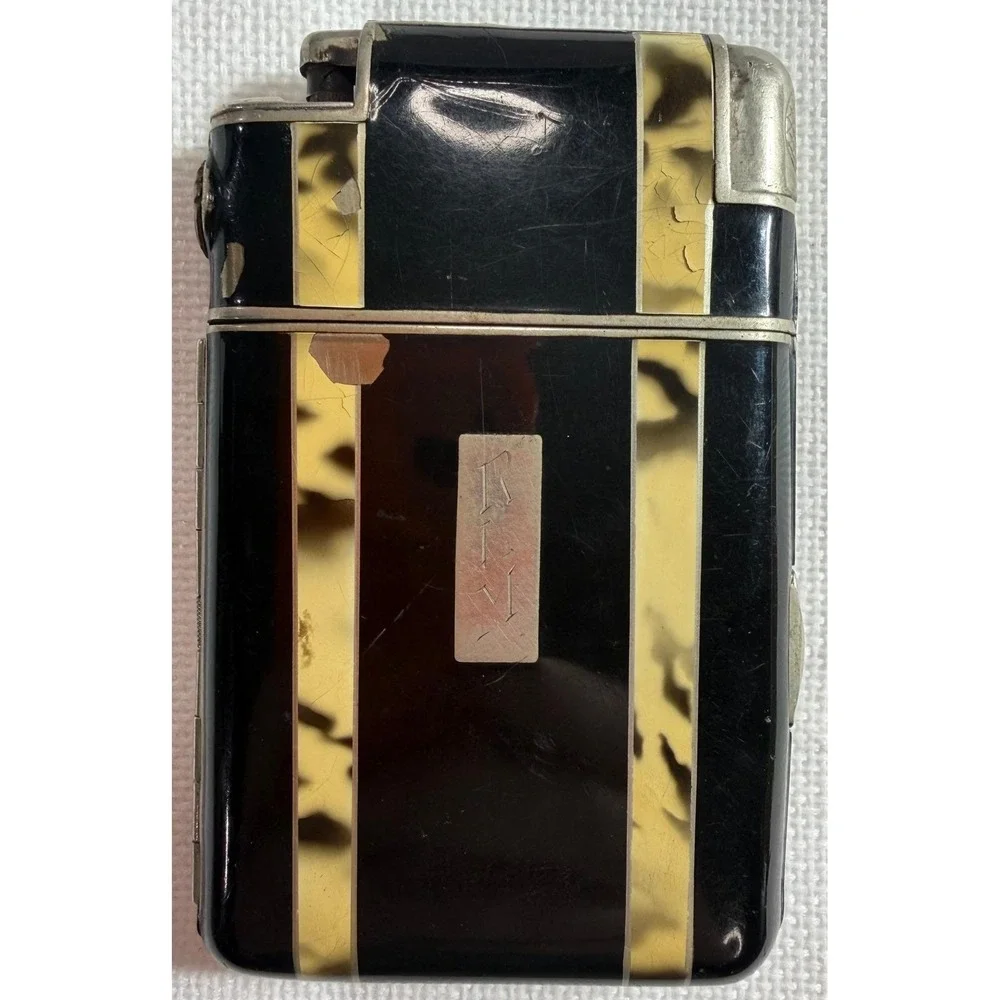 VTG Marathon Slide-A-Lite Cigarette Case‎ Lighter Art Deco Enamel Tortoise Box